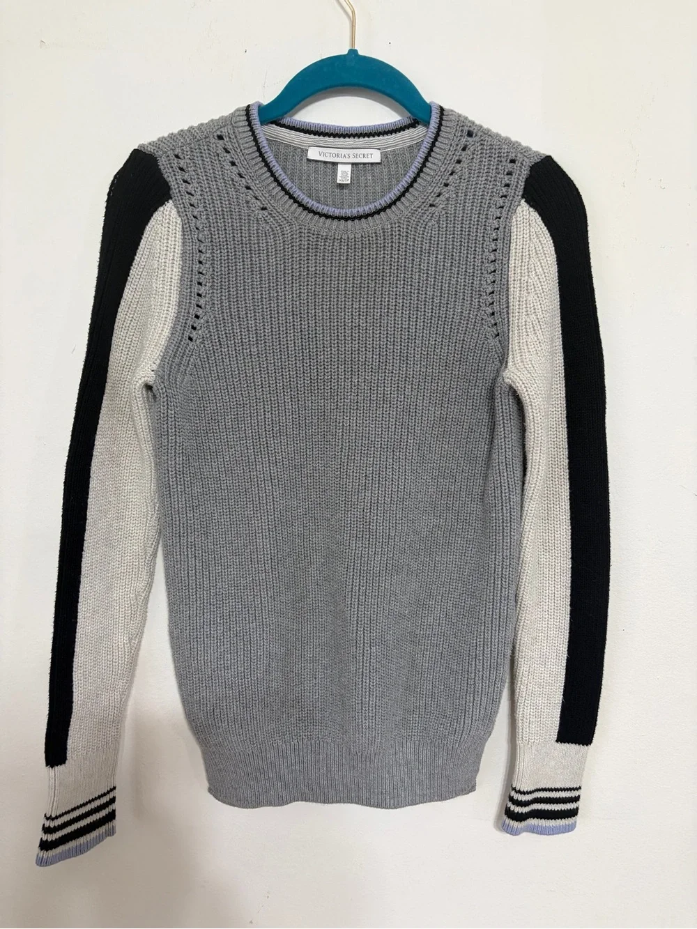 Victoria's Secret Gray, White & Black Rib-Knit Crew Sweater